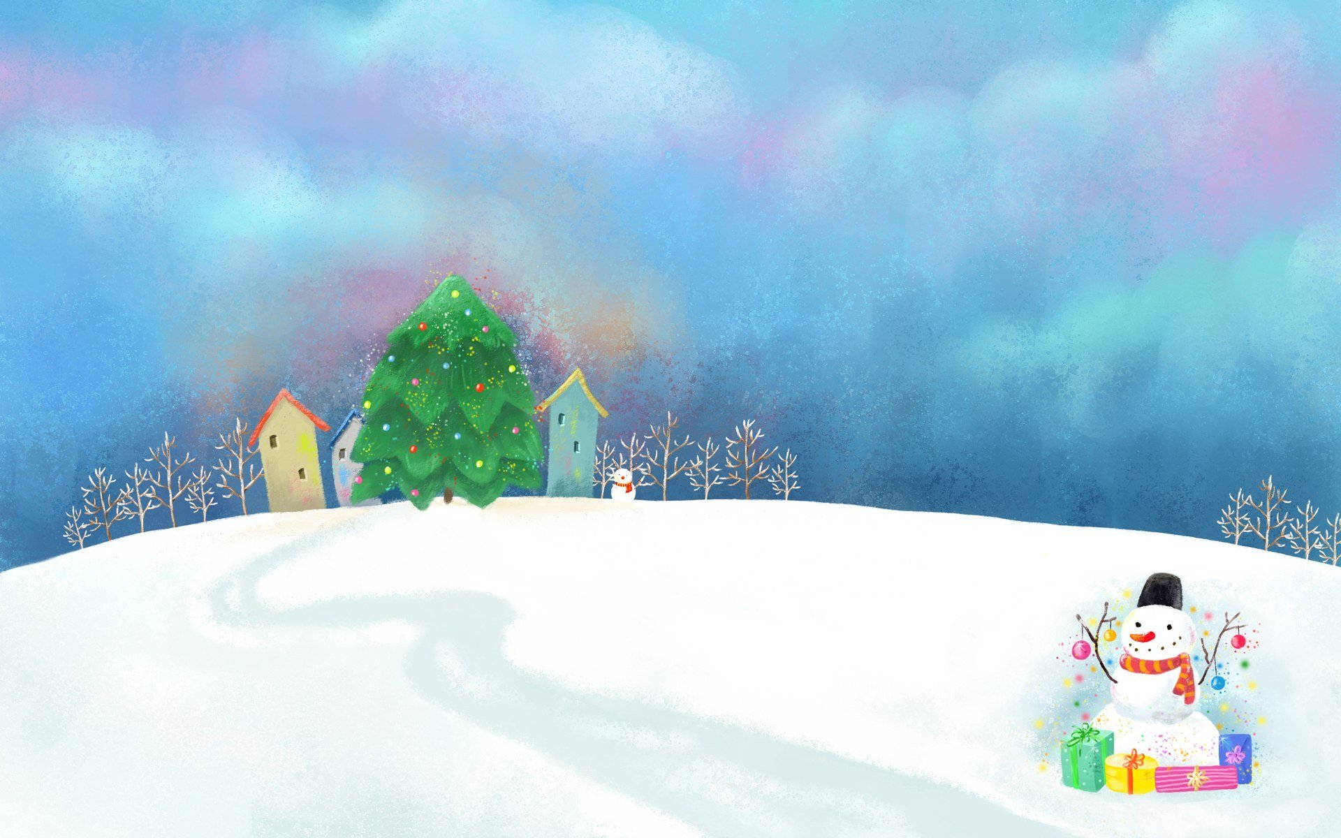 figura muñeco de nieve regalos nieve derivas decoraciones casas nubes camino