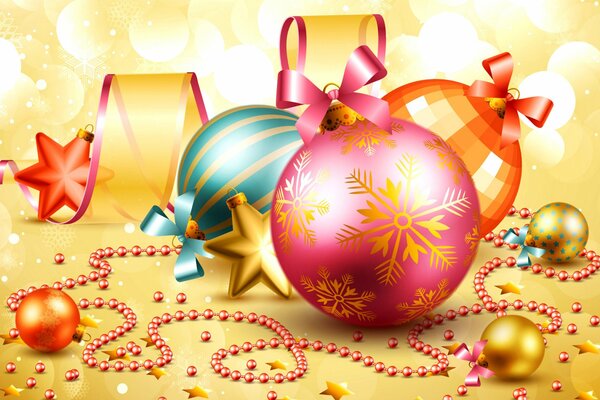 Imágenes de un nuevo año con decoraciones de Navidad - bolas. cuentas y cintas