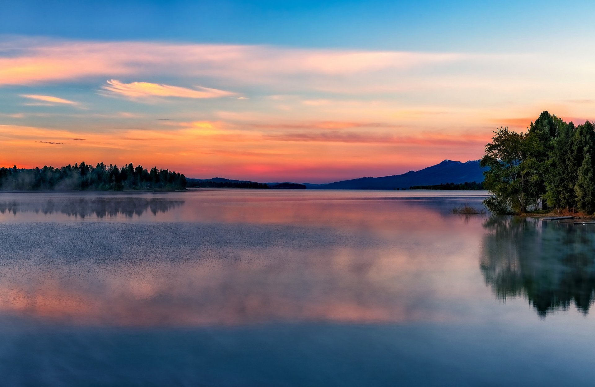árboles lago reflexión mañana amanecer verano