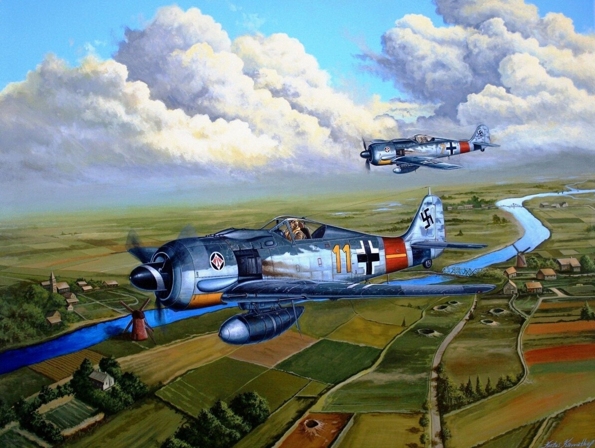 arte cielo focke-wulf fw 190 alcaudón focke-wulf würger alemán monoplano monoplano de combate tierra río carreteras edificios ww2 figura