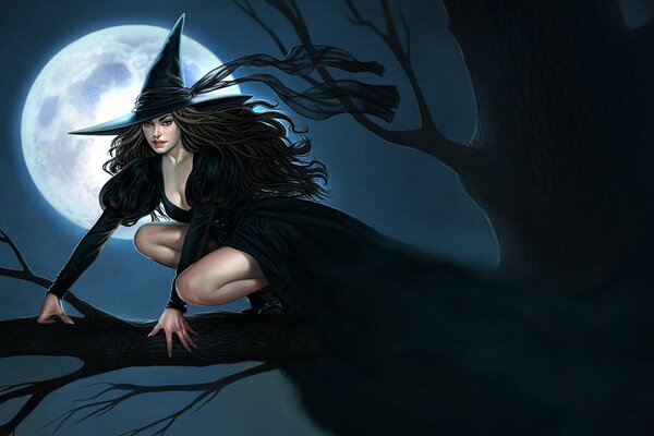 Hermosa bruja de negro en una escoba bajo la Luna