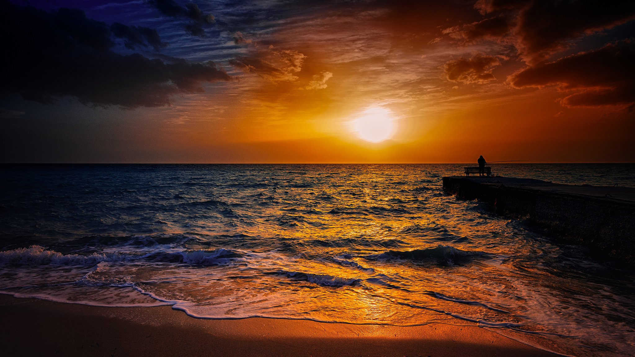 mar sol cielo muelle pescador