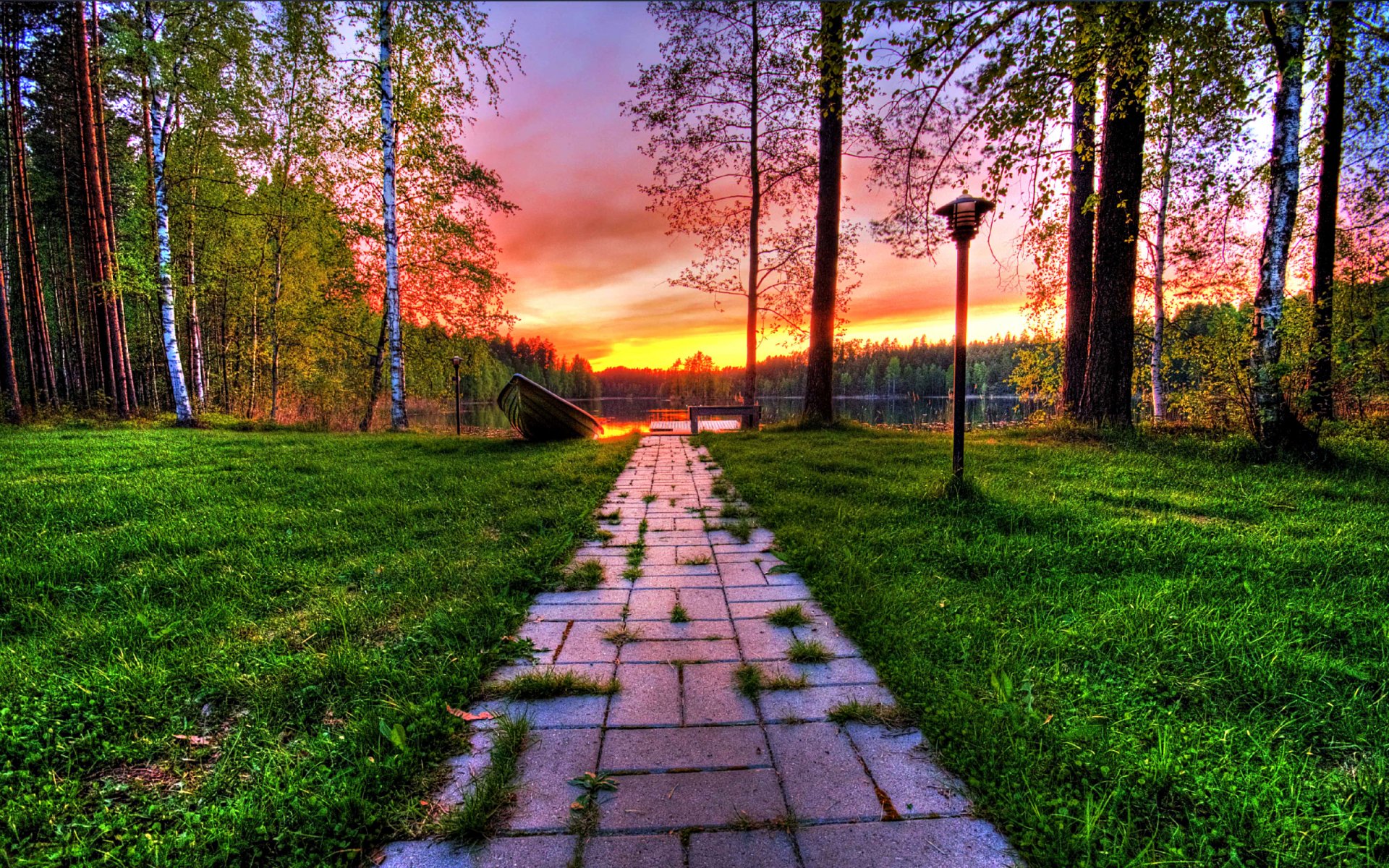 naturaleza paisaje cielo nubes puesta de sol lago barco árboles bosque