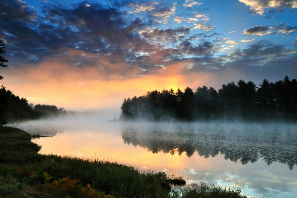 Puesta de sol detrás del bosque junto al río