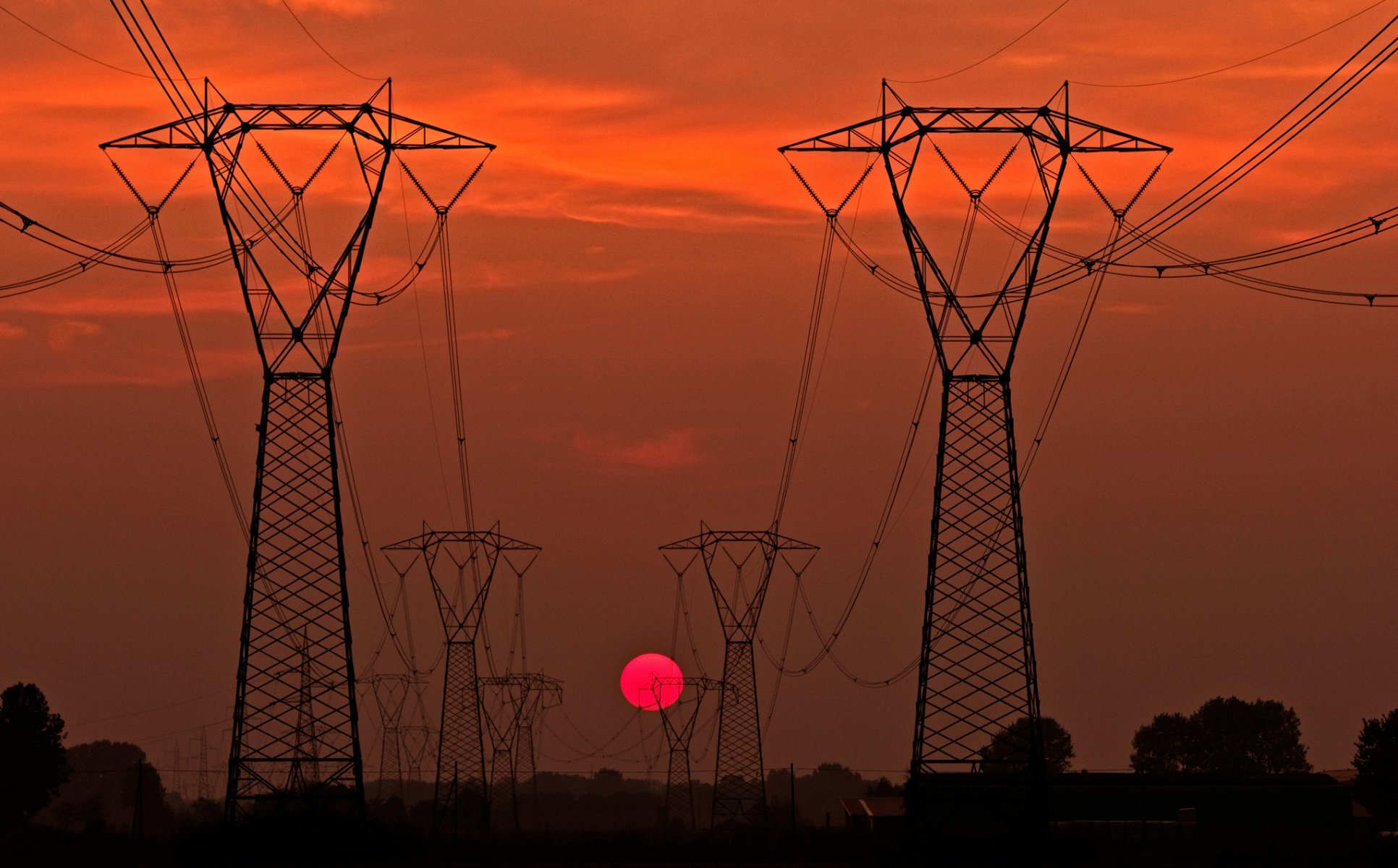cielo sol puesta de sol soporte línea de transmisión cables árboles silueta