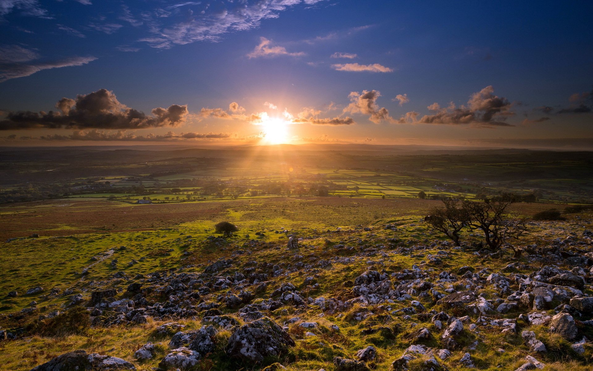 inglaterra merrivale campo puesta de sol paisaje