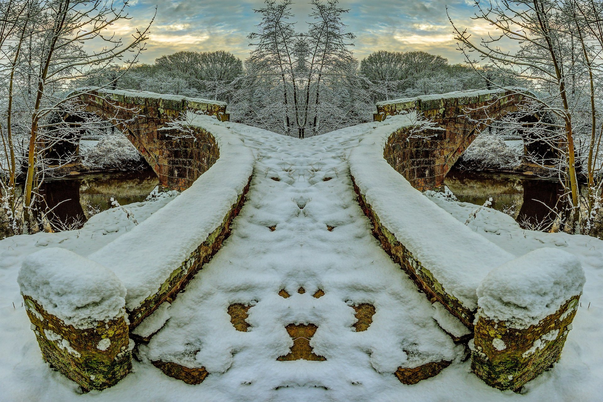 invierno río puente de piedra nieve árboles escarcha cielo