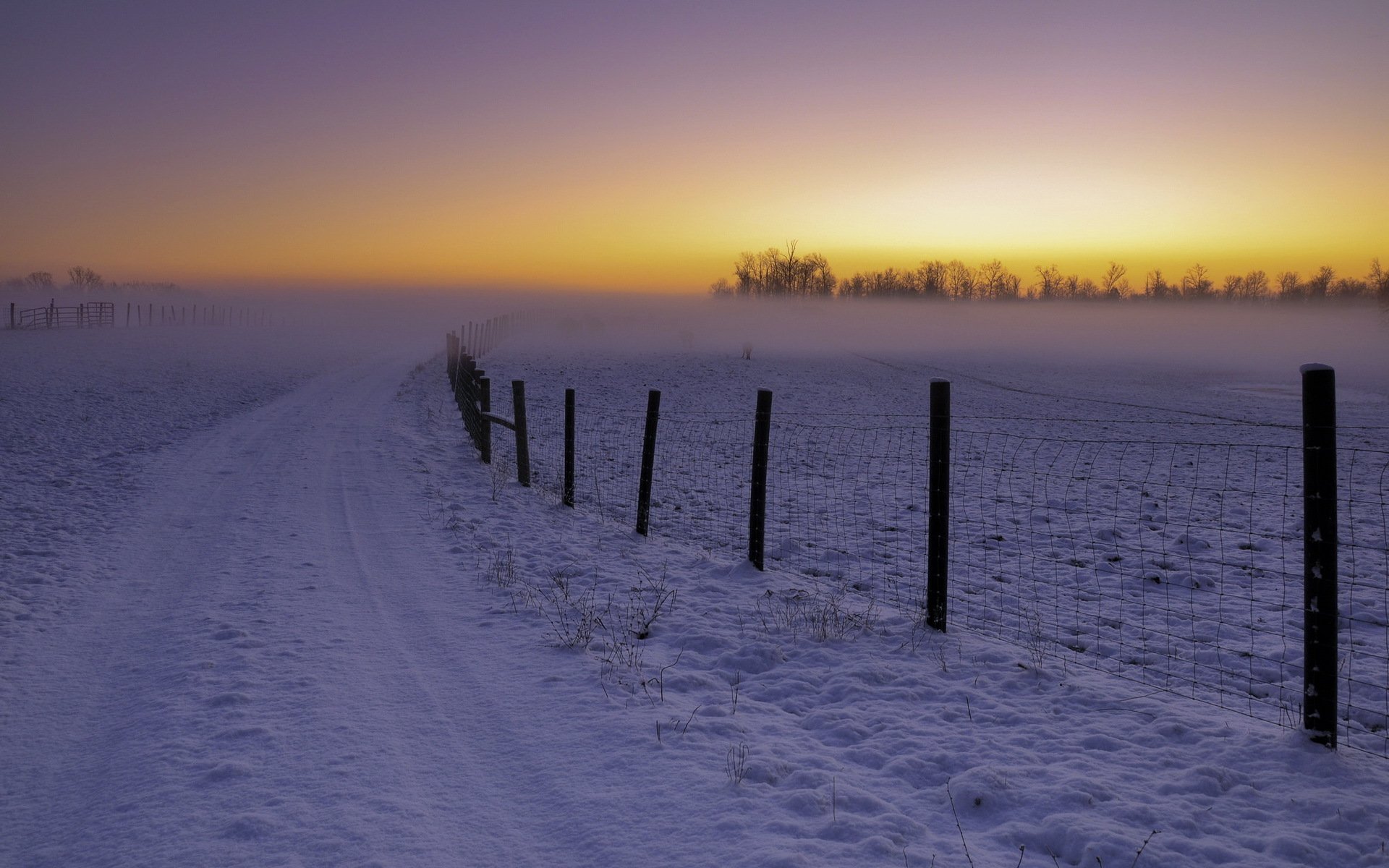 puesta de sol invierno paisaje valla carretera