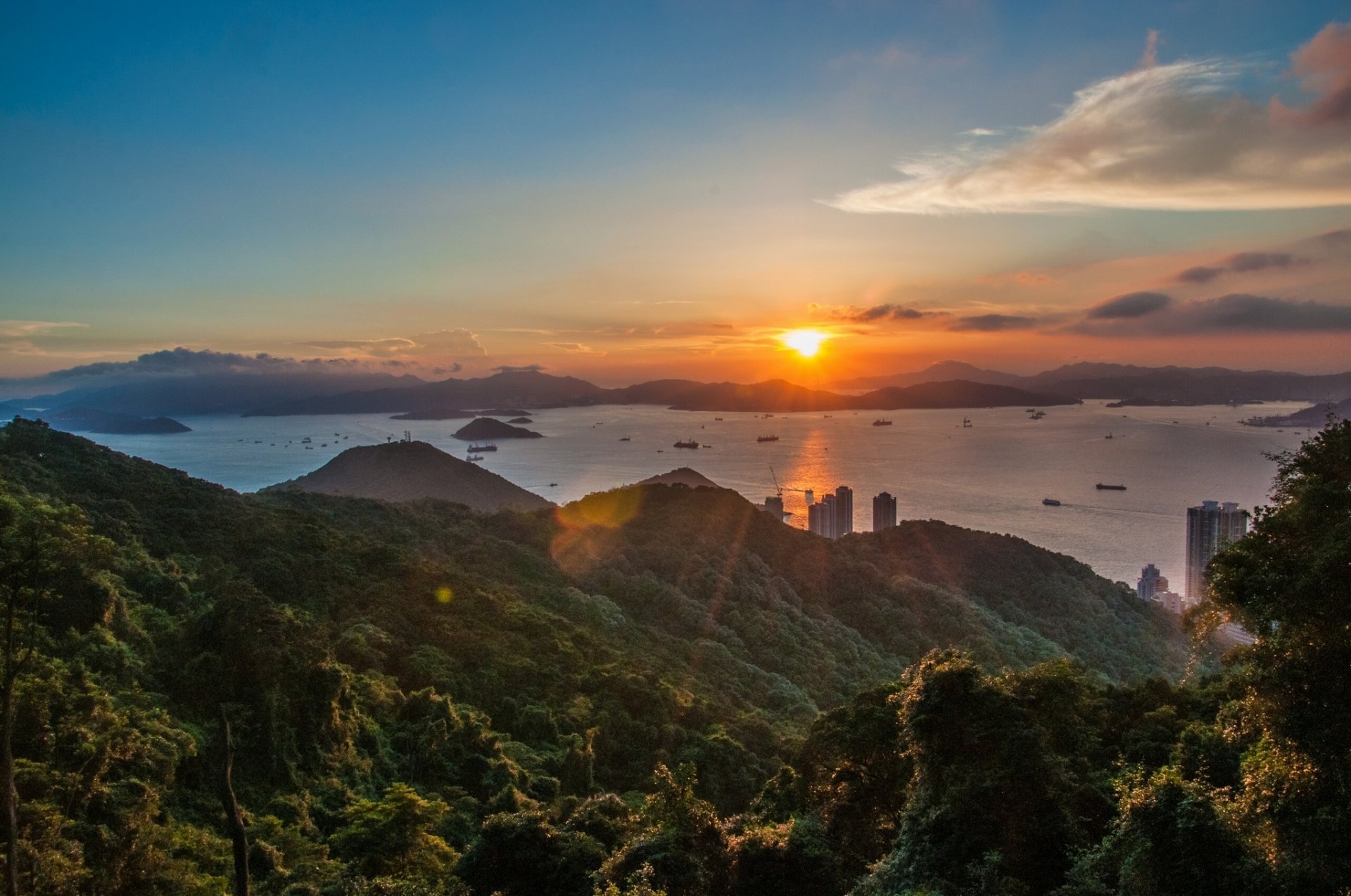 qianshuiwan hong kong bahía de ripals puesta de sol panorama colinas islotes