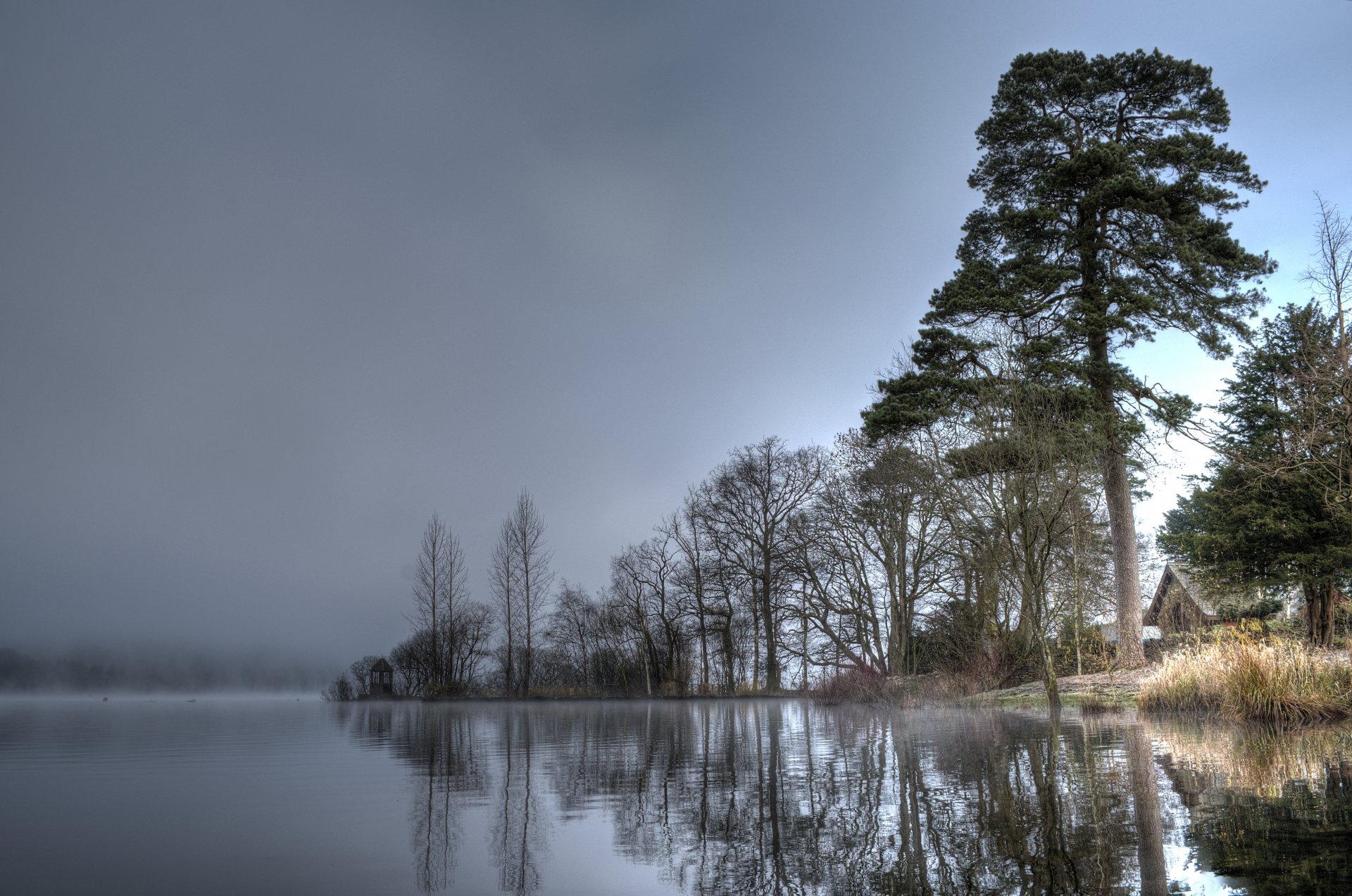 cielo agua árboles casa niebla lago río