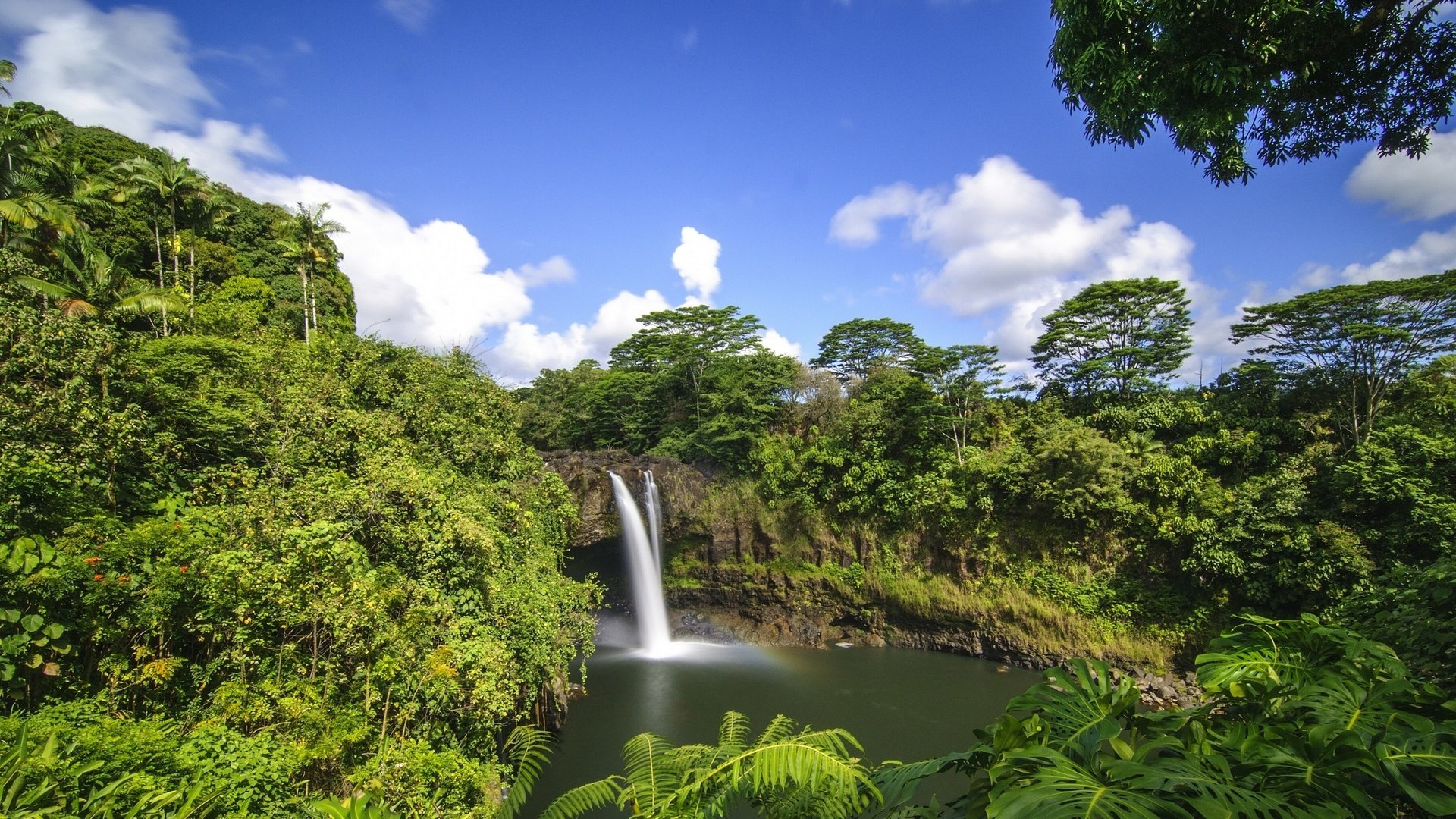 naturaleza árboles follaje cascada cielo nubes
